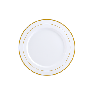 Jolly Chef Gold&Silver Rim Plastic(PS) Plates with two gold accent stripes around the rim, displayed on a clean white background.