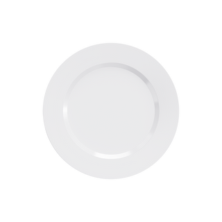 A plain, round Jolly Chef Disposable Heavy Duty Plastic Plates viewed from above, featuring a smooth, glossy finish and a subtle raised rim.
