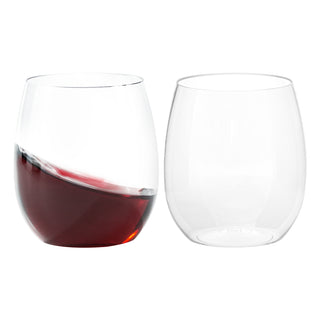 Two modern Jolly Chef plastic wine glasses: one filled with red wine and featuring a unique slanted design, the other clear and empty.