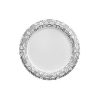 Jolly Chef Grey Leaf Pattern Rim Paper Plates with a floral and leaf pattern along the edge, featuring a white center suitable for serving food.