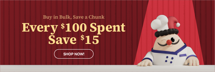 Jolly Chef promotion banner with cartoon chef mascot winking at the counter. Text reads: Buy in Bulk, Save a Chunk. Every $100 Spent, Save $15. Red background with call-to-action button: Shop Now!