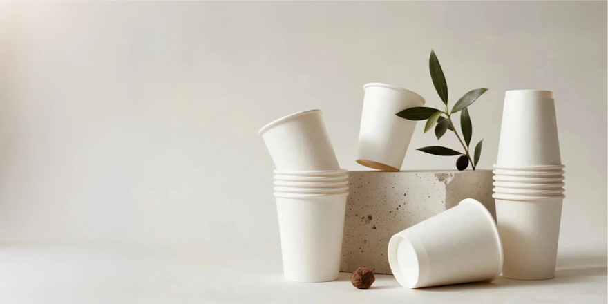 Eco-friendly white paper cups stacked next to an olive branch on a concrete block.