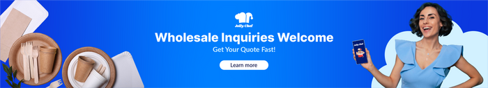 Jolly Chef wholesale banner with disposable tableware and a woman holding a phone. "Wholesale Inquiries Welcome" text.