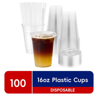 JOLLY CHEF [100 Sets - 16oz] Plastic Cups with Lids and Straws, Disposable Togo Drinking Cups - JOLLYCHEF