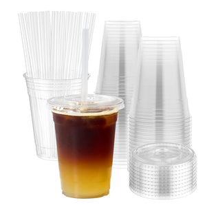 JOLLY CHEF [100 Sets - 16oz] Plastic Cups with Lids and Straws, Disposable Cups for Iced Coffee, Smoothie, Milkshake, Cold Drinks