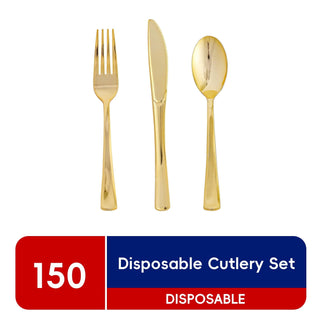 JOLLY CHEF 150 Count Gold Plastic Silverware Set - 50 Forks, 50 Knives, 50 Spoons - Heavy Duty Plastic Cutlery Set Disposable Flatware - JOLLYCHEF