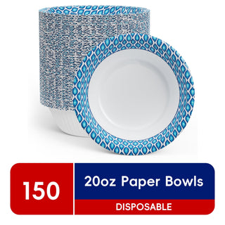 JOLLY CHEF Disposable Paper Bowls 20 oz,150 Count,Printed Soak Proof Large Bowls for Breakfast, Lunch, and Dinner Meals - JOLLYCHEF