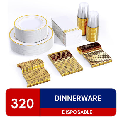 JOLLY CHEF 320 Piece Gold Rim Disposable Plastic Plates Dinnerware Sets,45 Guests