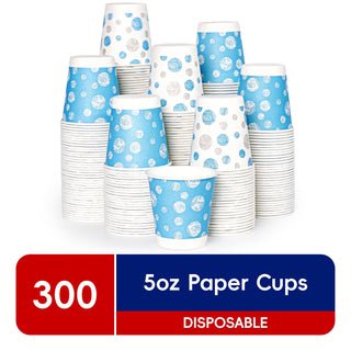 A stack of JOLLY CHEF 5 oz Paper Cups – 300 Count, Small Bathroom Cups, Disposable Mouthwash Cups, Espresso Cups in blue with white polka dots, featuring "300" prominently at the bottom.