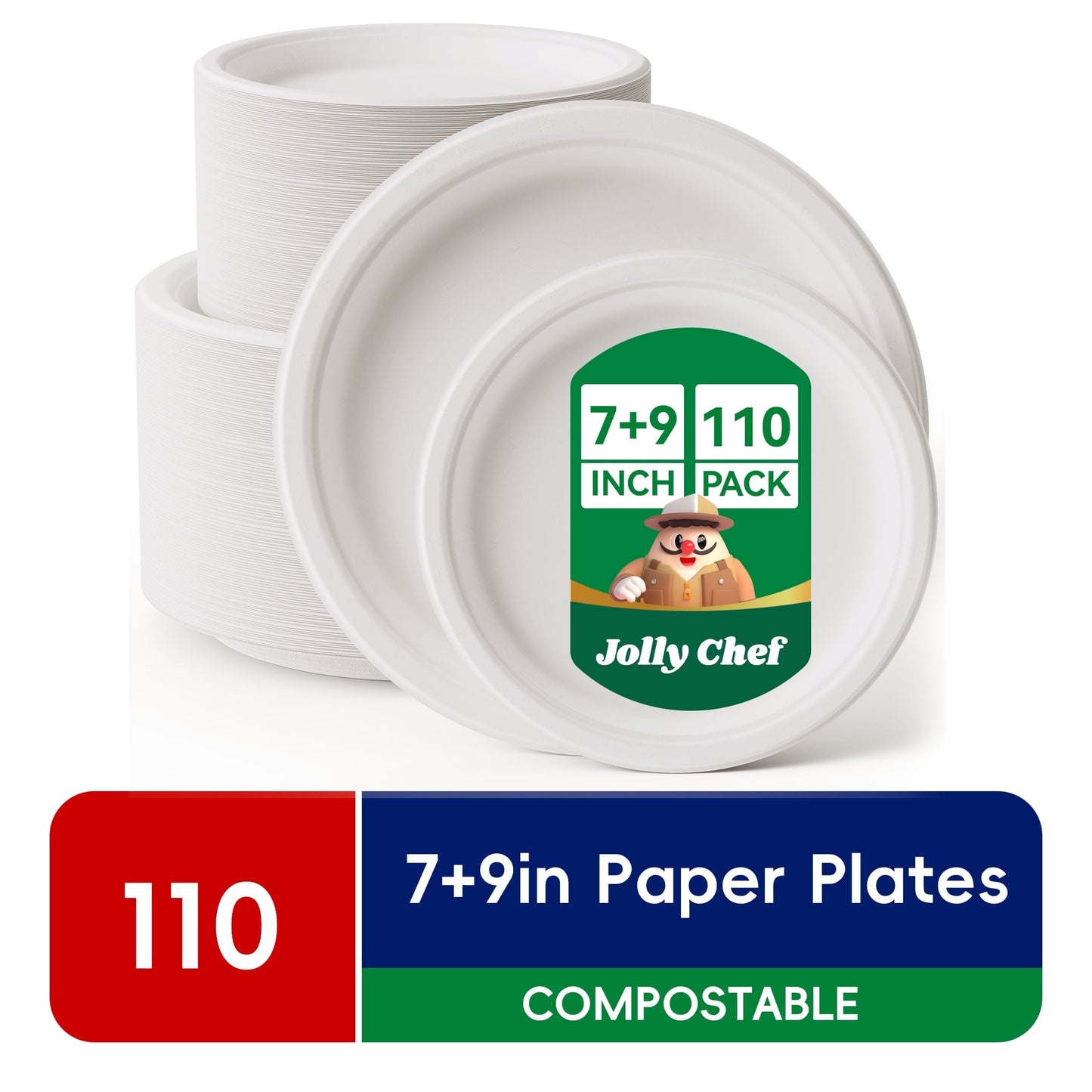 JOLLY CHEF Disposable Compostable Paper Plates 110 Pack, 7 in and 9 in