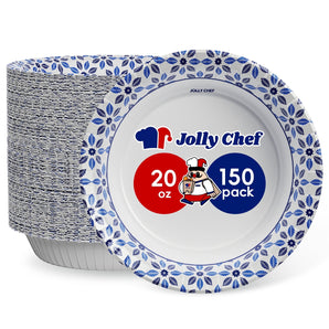 JOLLY CHEF Disposable Paper Bowls,Strong,Soak Proof,Microwave Safe,20 oz,Patterned,150 Count