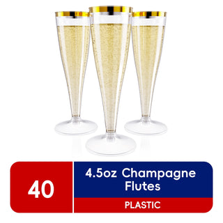 JOLLY CHEF Disposable Plastic Champagne Flutes,Gold Rim,4.5 oz,40 Pack - JOLLYCHEF