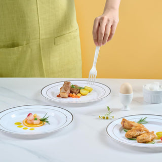 10in White with Silver Rim Elegant Plastic Plates - Wedding & Birthday - Jolly Chef
