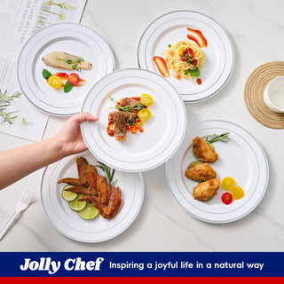 10in White with Silver Rim Elegant Plastic Plates - Wedding & Birthday - Jolly Chef