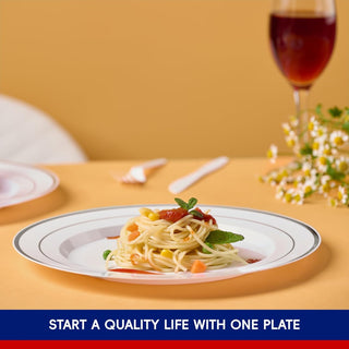 10in White with Silver Rim Elegant Plastic Plates - Wedding & Birthday - Jolly Chef