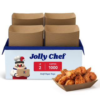 A pack of Jolly Chef 2 - LB kraft paper trays (1000 per carton), with a sample tray filled with fried chicken.