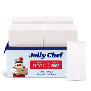 A pack of Jolly Chef disposable hand towels, labeled “17"X12"” and “2000 per carton,” made of linen - feel paper.