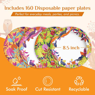 Colorful disposable paper plates with floral and bird designs, 8.5 inches. Soak proof, cut resistant, and recyclable.