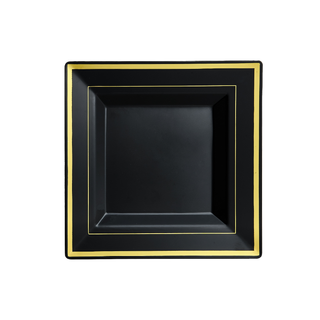 Jolly Chef Black&White Square Gold Rim Plastic(PS) Plates, showcasing a modern and elegant design. Ideal for stylish dining presentations.