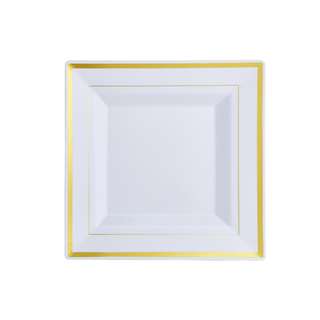 Jolly Chef Black&White Square Gold Rim Plastic(PS) Plates with a glossy finish, featuring a gold border for a touch of luxury.