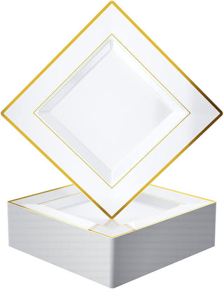 9.5in White with Gold Rim BPA Free Squate Plastic Plate -Wedding & Party-Jolly Chef