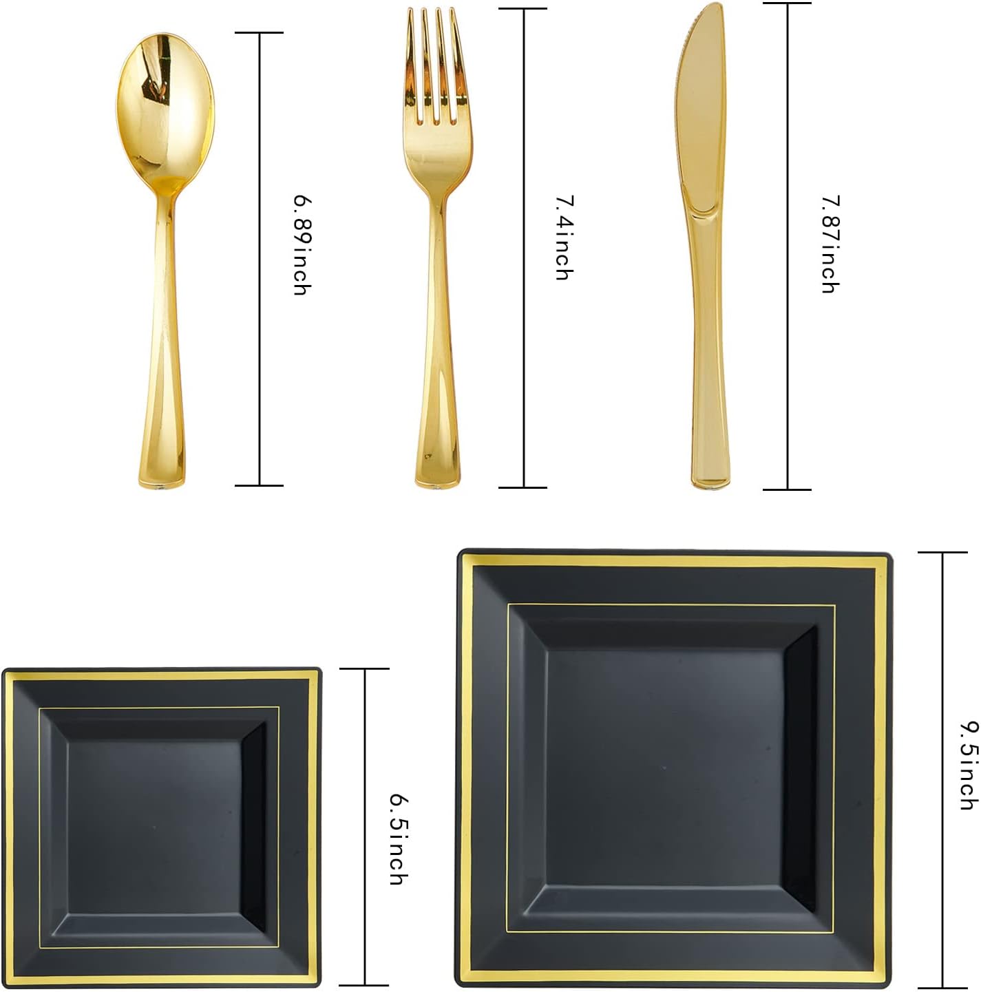 Gold&Silver Rim Black&White Square Plastic Plates & Flatwares(25 sets)