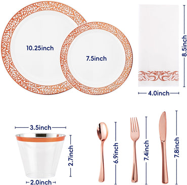 Rose Gold Rim Plastic Plates&Cups&Paper Napkins&Flatwares(30 sets)