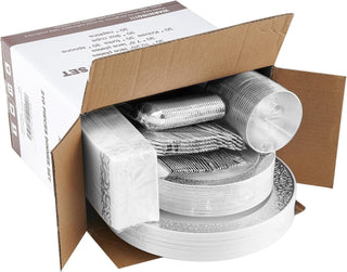 White with Sliver Lace Rim Plastic Dinnerware Set - Dinner & Salad Plates, Cups, Cutlery Set, Napkin - Party & Dining - Jolly Chef - JOLLYCHEF