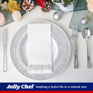 White with Sliver Lace Rim Plastic Dinnerware Set - Dinner & Salad Plates, Cups, Cutlery Set, Napkin - Party & Dining - Jolly Chef - JOLLYCHEF