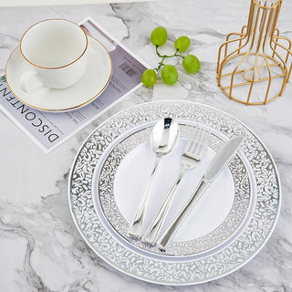 White with Sliver Lace Rim Plastic Dinnerware Set - Dinner & Salad Plates, Cups, Cutlery Set, Napkin - Party & Dining - Jolly Chef - JOLLYCHEF
