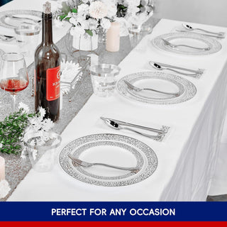 White with Sliver Lace Rim Plastic Dinnerware Set - Dinner & Salad Plates, Cups, Cutlery Set, Napkin - Party & Dining - Jolly Chef - JOLLYCHEF