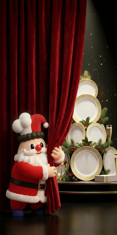 A cute Santa Claus figure in a chef's hat pulls back a red curtain to reveal a holiday table display with stacked gold-rimmed plates, festive greenery, champagne glasses, and wrapped gifts.