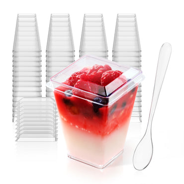 A pack of Jolly Chef clear plastic square dessert cups with lids, accompanied by a clear plastic spoon.