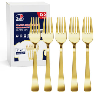 7.28in Gold Heavy Duty Disposable Plastic Forks - Wedding & Party Use - Jolly Chef - JOLLYCHEF