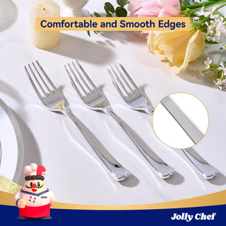7.28in Silver Heavy Duty Disposable Plastic Forks - Wedding & Party Use - Jolly Chef - JOLLYCHEF