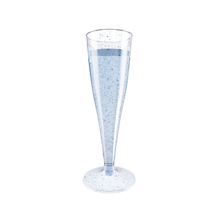 Jolly Chef Blue Glitter Plastic Champagne Flutes filled with water, featuring a speckled design on the glass, with a slim, elegant shape.