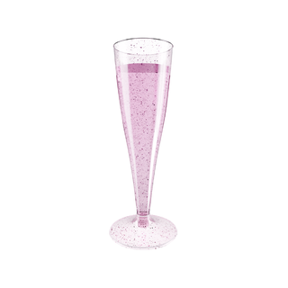 Jolly Chef Purple Glitter Plastic Champagne Flutes filled with water, featuring a speckled design on the glass, with a slim, elegant shape.