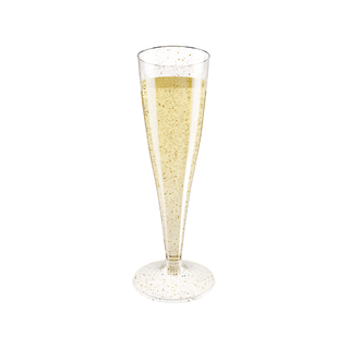 A tall, elegant Jolly Chef 5oz Clear Easy Grip Champagne Flutes filled with sparkling golden liquid, featuring gold speckles on the glass.