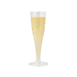 4.5oz clear plastic champagne flute filled with bubbly champagne
