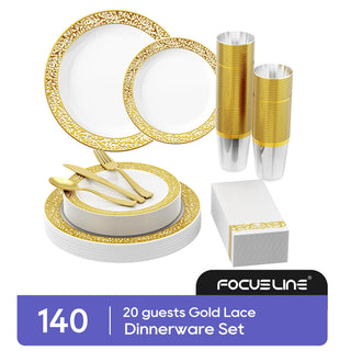 「Jolly Choice」140 Gold Dinnerware Set for 20 Guests, White Plastic Plates with Gold Lace Rim Design, Including 20 Disposable Dinner Plates, 20 Dessert Plates, 20 Silverware Set, 20 Cups, 20 Napkins