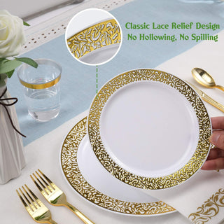 「Jolly Choice」140 Gold Dinnerware Set for 20 Guests, White Plastic Plates with Gold Lace Rim Design, Including 20 Disposable Dinner Plates, 20 Dessert Plates, 20 Silverware Set, 20 Cups, 20 Napkins