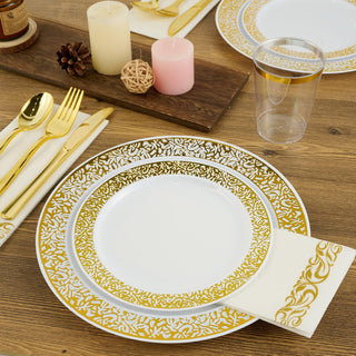 「Jolly Choice」140 Gold Dinnerware Set for 20 Guests, White Plastic Plates with Gold Lace Rim Design, Including 20 Disposable Dinner Plates, 20 Dessert Plates, 20 Silverware Set, 20 Cups, 20 Napkins