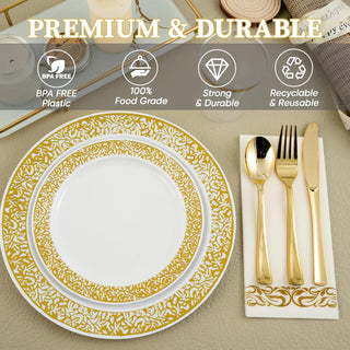 「Jolly Choice」140 Gold Dinnerware Set for 20 Guests, White Plastic Plates with Gold Lace Rim Design, Including 20 Disposable Dinner Plates, 20 Dessert Plates, 20 Silverware Set, 20 Cups, 20 Napkins