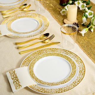 「Jolly Choice」140 Gold Dinnerware Set for 20 Guests, White Plastic Plates with Gold Lace Rim Design, Including 20 Disposable Dinner Plates, 20 Dessert Plates, 20 Silverware Set, 20 Cups, 20 Napkins
