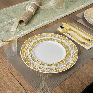 「Jolly Choice」140 Gold Dinnerware Set for 20 Guests, White Plastic Plates with Gold Lace Rim Design, Including 20 Disposable Dinner Plates, 20 Dessert Plates, 20 Silverware Set, 20 Cups, 20 Napkins