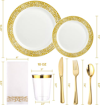 「Jolly Choice」140 Gold Dinnerware Set for 20 Guests, White Plastic Plates with Gold Lace Rim Design, Including 20 Disposable Dinner Plates, 20 Dessert Plates, 20 Silverware Set, 20 Cups, 20 Napkins