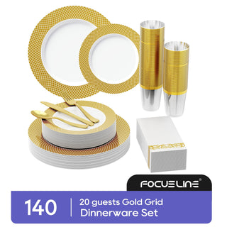 「Jolly Choice」140 Piece Gold Dinnerware Set for 20 Guests, Including Plastic Plates with Gold Grid Rim, Silverware, Cups and Napkins