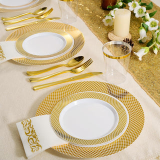 「Jolly Choice」140 Piece Gold Dinnerware Set for 20 Guests, Including Plastic Plates with Gold Grid Rim, Silverware, Cups and Napkins