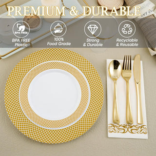 「Jolly Choice」140 Piece Gold Dinnerware Set for 20 Guests, Including Plastic Plates with Gold Grid Rim, Silverware, Cups and Napkins