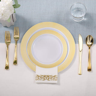 「Jolly Choice」140 Piece Gold Dinnerware Set for 20 Guests, Including Plastic Plates with Gold Grid Rim, Silverware, Cups and Napkins